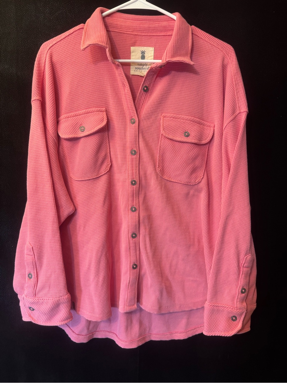 Simply Southern Coral Waffle Knit Shacket Button Up Shirt L